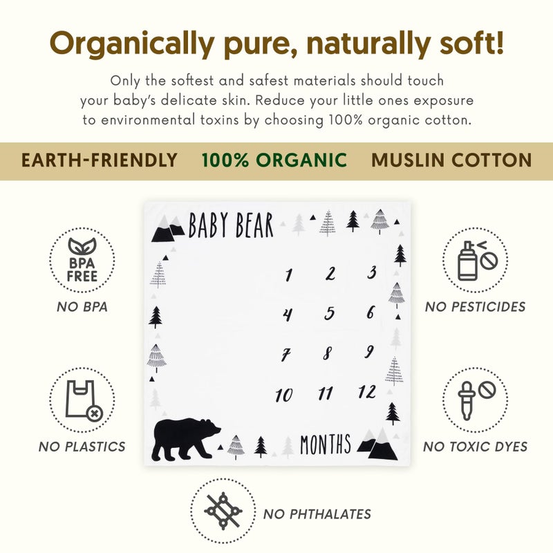 Pondering Pine Organic Baby Monthly Milestone Blanket Boy - Baby Bear Blanket with Month Marker Frame and Newborn Announcement Disc - 1-12 Months Milestones, Woodland, 47”x47” - Image 3